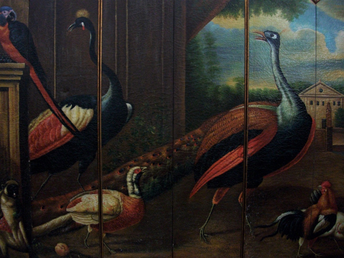 Six Fold Dressing Screen Wall Art Oil Painting Depicting Exotic Animals & Birds